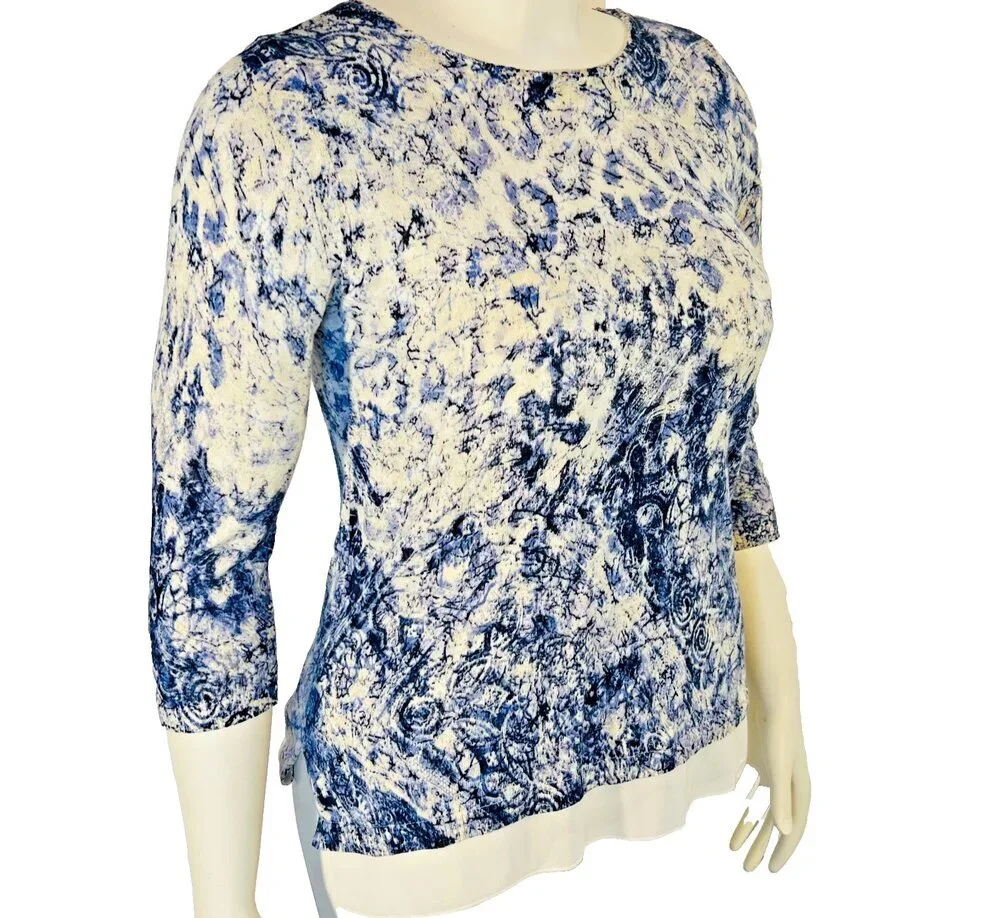Chico's Sweater Tunic Womens S Blue Cream Abstract Roccoco Animal Print 3/4 Slve